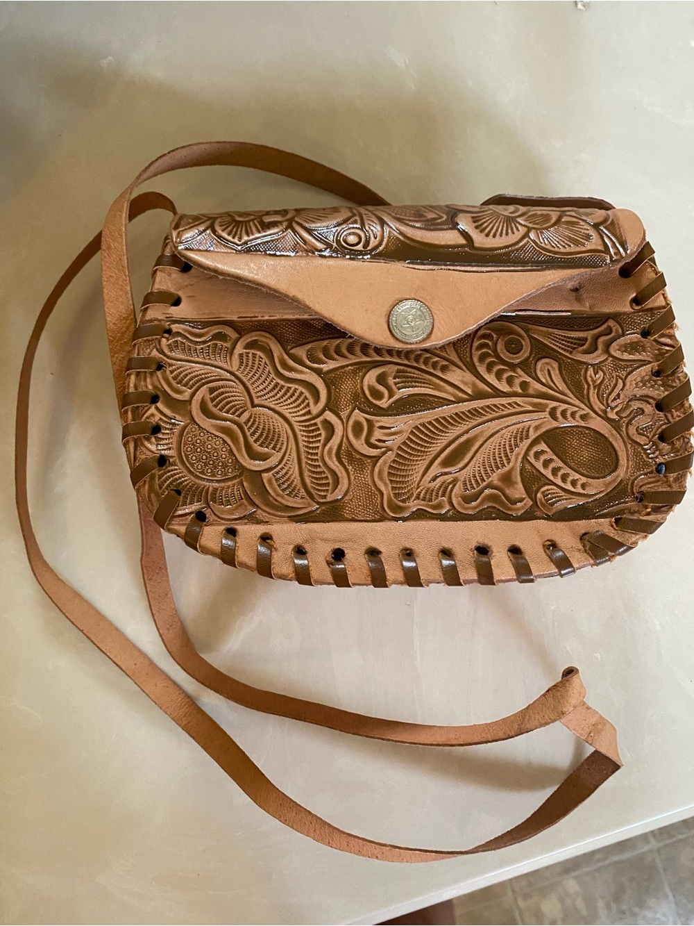 Hand-Tooled Brown Leather Crossbody Bag